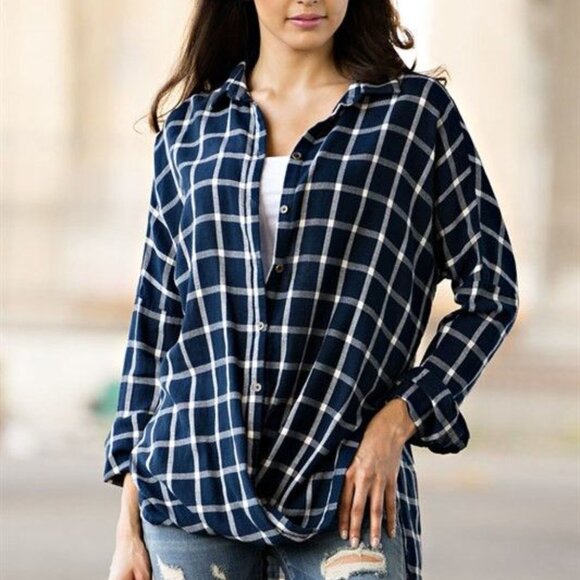 NEW NWT Womens Navy Blue Striped Plaid Button Up Lightweight Blouse Top LG or SM - Picture 6 of 6